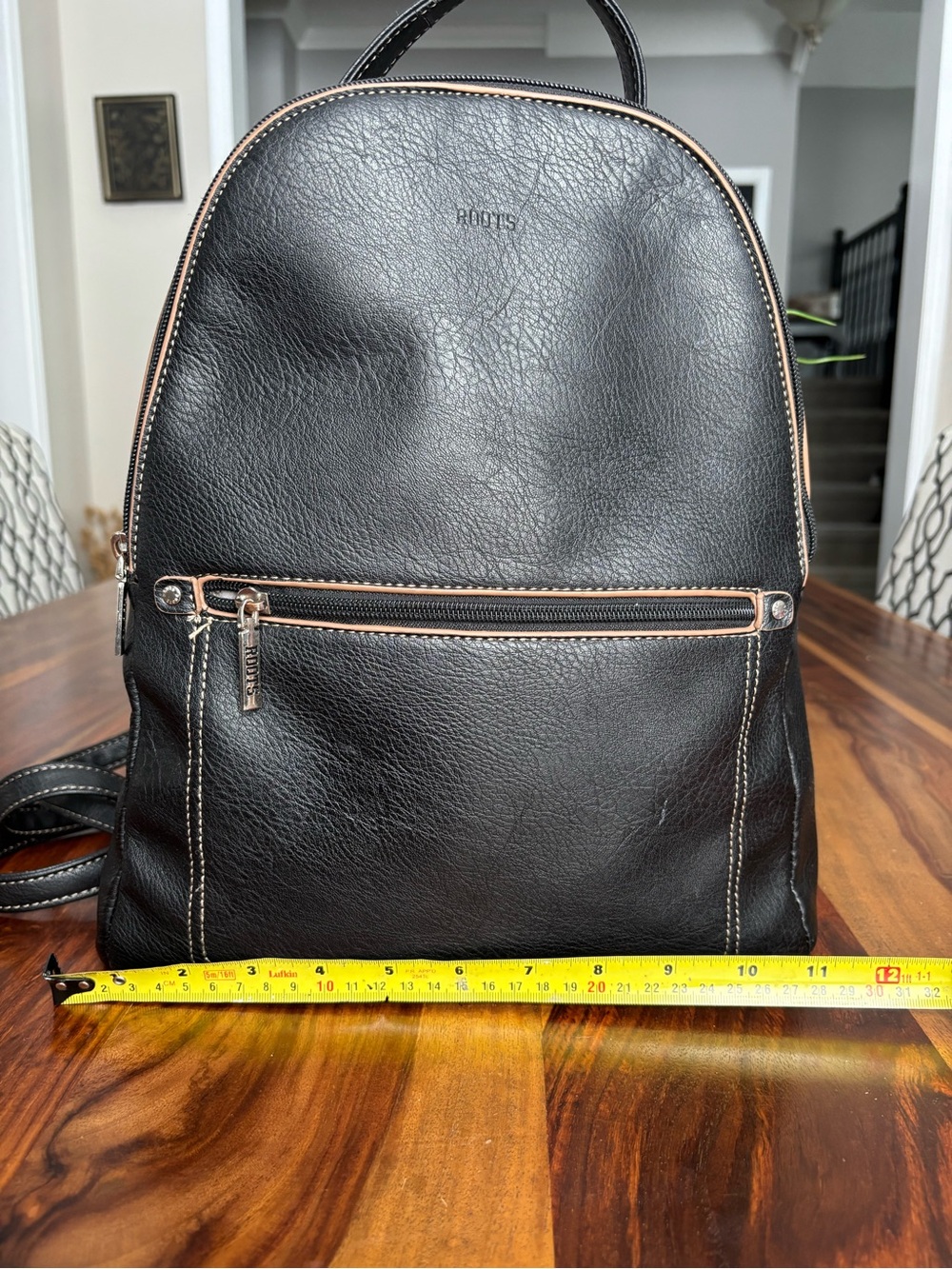 Roots Black Leather Backpack with Brown Trim